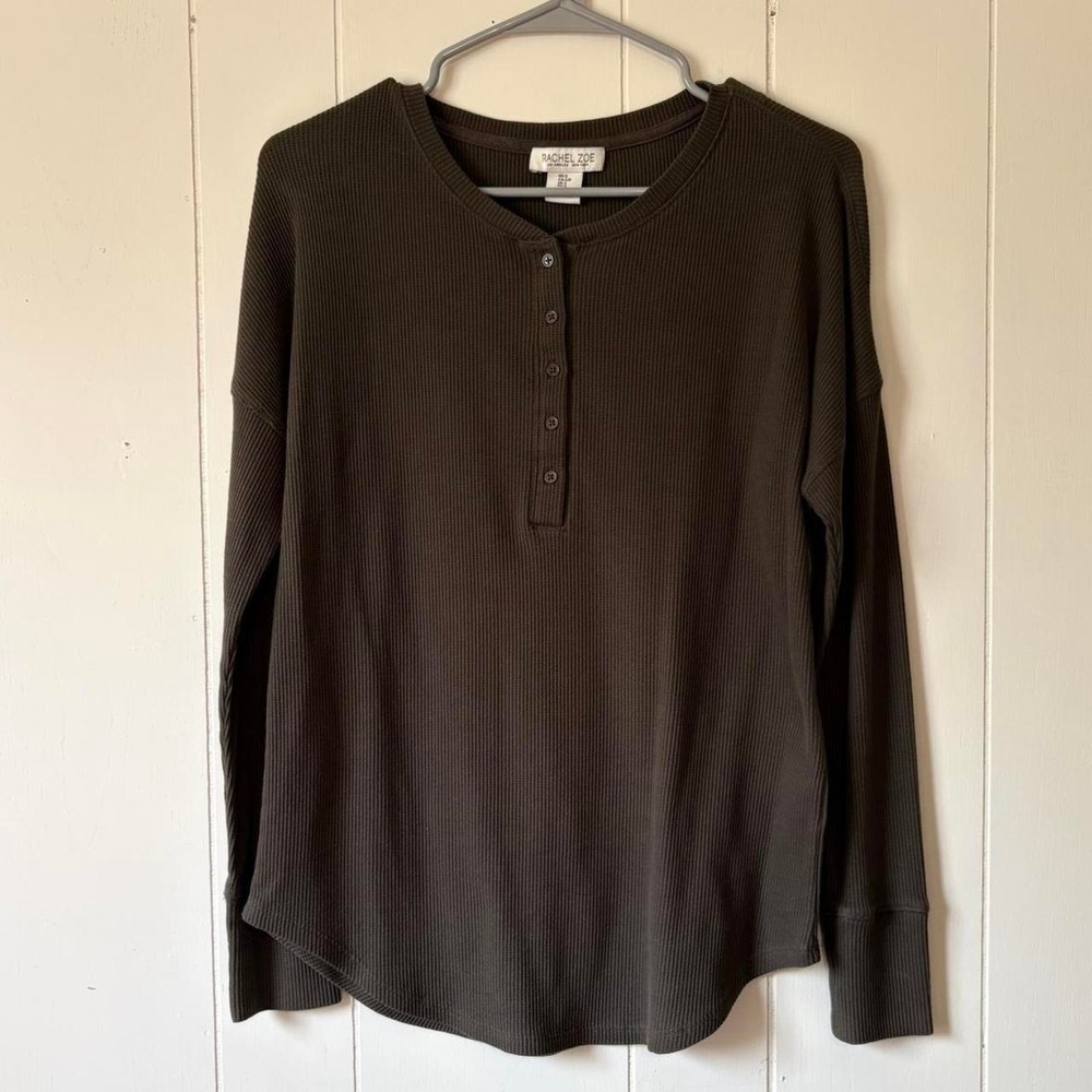 Rachel Zoe Olive Ribbed Thermal Henley Long Sleeve Top Size Small